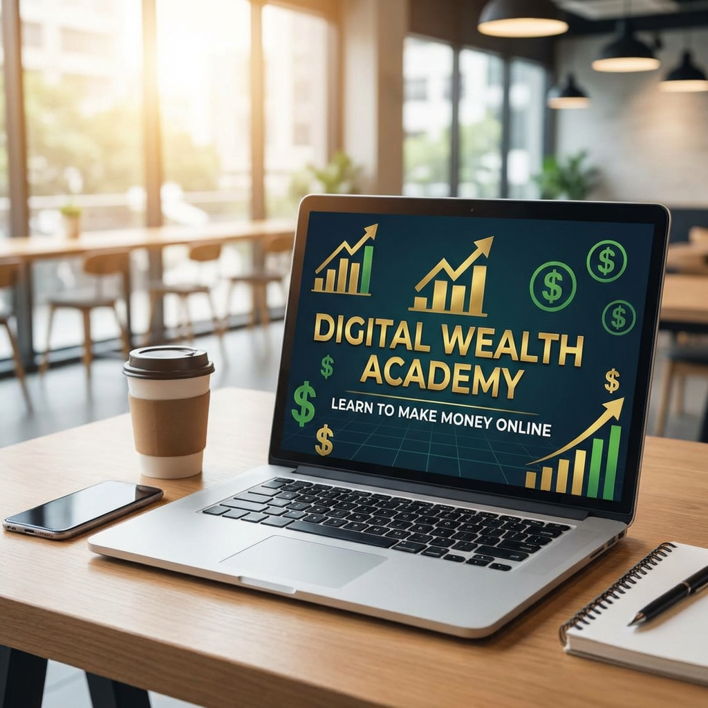 Laptop screen displaying DIGITAL WEALTH ACADEMY LEARN TO MAKE MONEY ONLINE with financial growth charts.