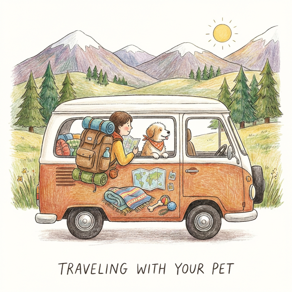 Illustration of woman and dog in camper van with text TRAVELING WITH YOUR PET.