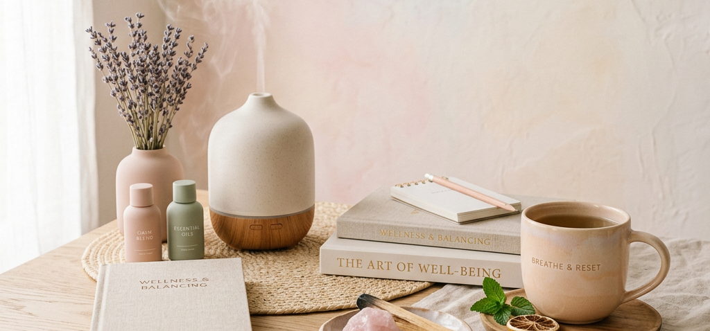 A tabletop with a steaming essential oil diffuser, two small bottles, a book titled Wellness & Balancing, stacked books, a cup labeled Breathe & Reset, crystals, and dried flowers in a vase