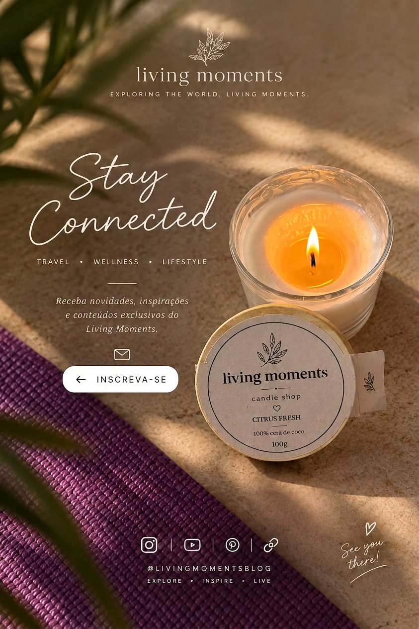 A serene setting featuring a lit candle labeled 'Citrus Fresh' on a surface with a purple mat and a soft light illuminating the scene. Includes the text 'Stay Connected' and branding for 'living moments'.